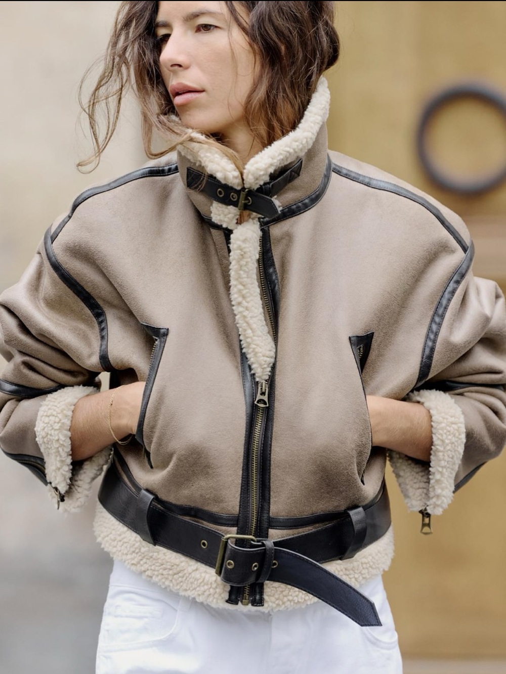 Zara Double-Faced Faux Shearling Aviator Biker Jacket Belted Taupe/Brown Size XS
